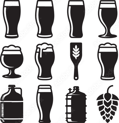 craft, beer, icon, set, brewery, equipment, homebrewing, ale, lager, beverage, drink, simple, solid, black, icon, set, vector