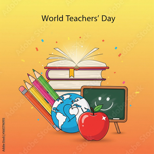 World Teachers' Day Conceptual Illustration with School Supplies and a Globe.