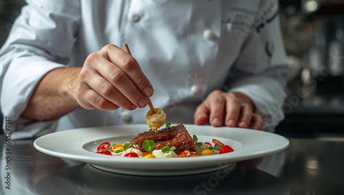 A chef's hand delicately places a garnish on a gourmet dish, showcasing a culinary masterpiece.