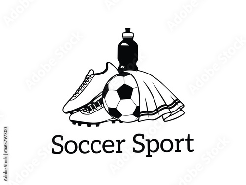 soccer equipment with ball, shoes, towel and drinking bottle
