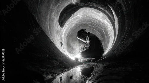 Inside large, curving pipe, worker crouches with bright light, greyscale, gritty