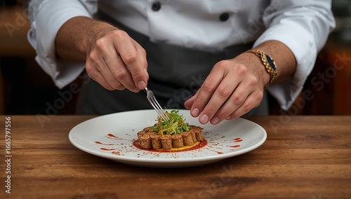 Skilled chef artfully garnishes a gourmet dish with fresh herbs, showcasing culinary artistry and precision.