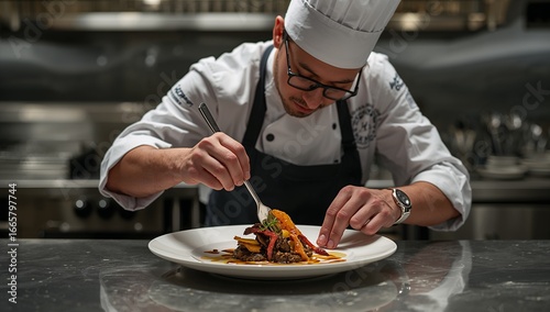 A chef meticulously arranges a flavorful dish on a plate, showcasing culinary expertise in a professional kitchen setting.