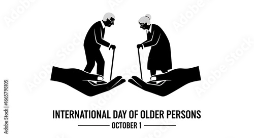 Elderly Couple Silhouette Supported by Hands, Walking with Canes, Black and White Illustration