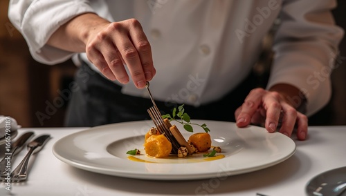 Chef's hand delicately places a forkful of gourmet dish onto a refined plate, showcasing artful plating and culinary precision.