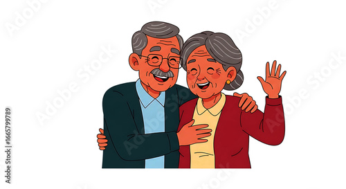 Happy Elderly Couple Embracing, Cartoon Style, Smiling and Waving Hand