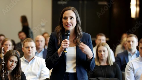 Professional Woman Speaking at Event with Audience