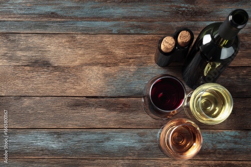 A wine bottle wine holder and three wine glasses with varying colors of wine placed on a rustic wood surface