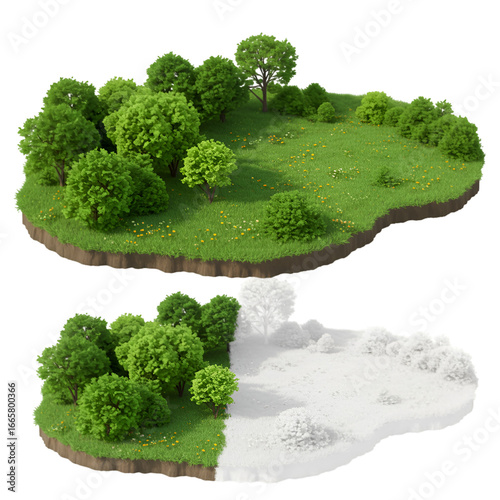 Isometric Green Island 3D Illustration of Forest Trees and Grass with Transparent Background