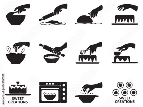 Black and White Baking Process Icons for Sweet Treats, set of simple, black and white icons showcases various stages of the baking process, from mixing ingredients to baking and decorating desserts.