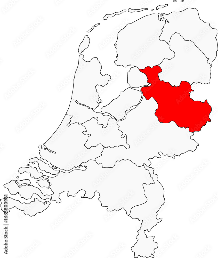 Obraz premium Map of the Netherlands highlighting the Overijssel province. Ideal for projects on its rural landscapes, historic cities, and the beautiful Weerribben-Wieden National Park.