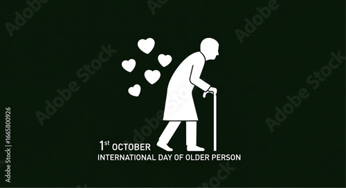 White Silhouette of Elderly Person with Cane and Hearts Illustration