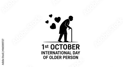 Elderly Person Silhouette with Walking Stick and Hearts, International Day of Older Persons