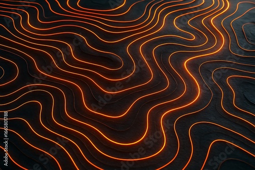 Abstract topographic lines with glowing orange light creating a modern and stylish graphic design for digital and computer rendering