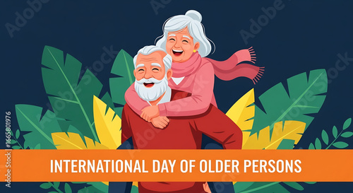 Happy Elderly Couple Piggyback Ride Illustration with Pink Scarf and White Hair