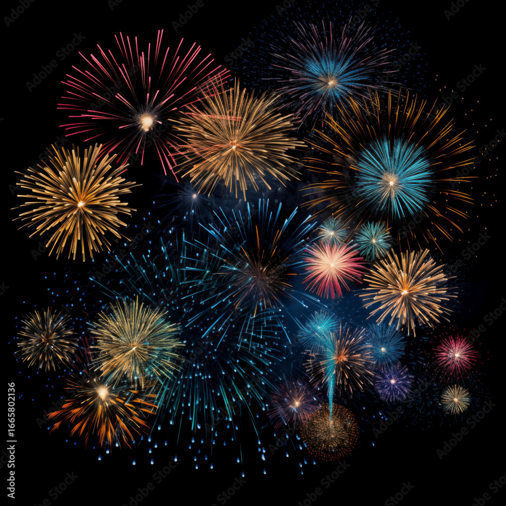 Naklejka premium Gold Spark Firework Texture Radiant Pattern, Isolated on Black, Vibrant Fireworks Texture Burst on Black Night Sky, Dynamic Starburst Firework Texture for Party, Festival, and Celebration Backdrops