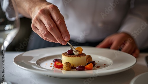 A chef meticulously places a delicate garnish atop a sophisticated dessert, showcasing artistry in a fine dining setting.