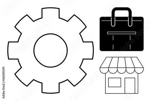Gear, briefcase, and storefront together symbolize business processes, entrepreneurship, innovation, talent needs, retail management. Ideal for commerce, planning production teamwork concepts