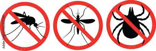 Anti-Mosquito and Tick Vector Icons with Red Stop Signs — Insect Control and Health Safety Symbols for Pest Prevention, Bug Repellent, and Vector-Borne Disease Awareness Campaigns
