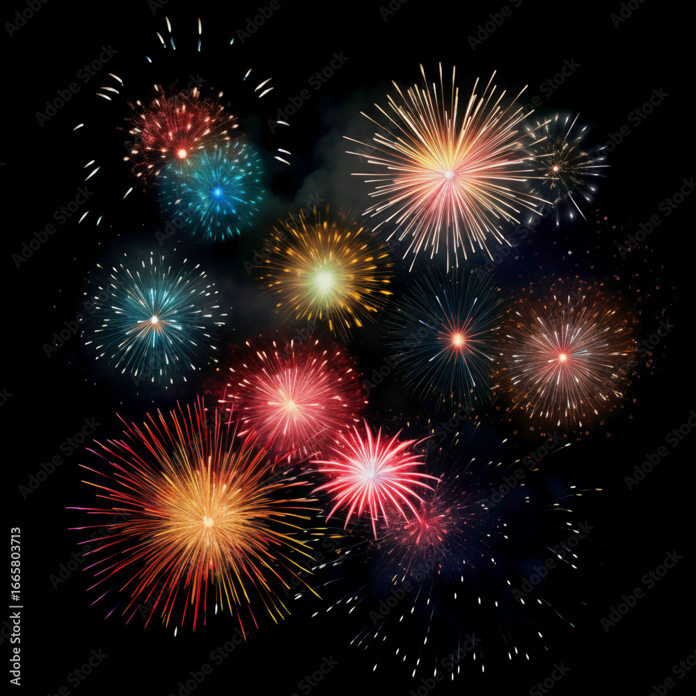 Naklejka premium Gold Spark Firework Texture Radiant Pattern, Isolated on Black, Vibrant Fireworks Texture Burst on Black Night Sky, Dynamic Starburst Firework Texture for Party, Festival, and Celebration Backdrops