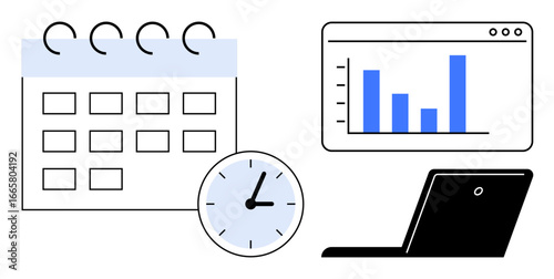 Calendar, analog clock, laptop, and data chart representing productivity tools and time optimization. Ideal for planning, organization, scheduling, workflow efficiency productivity remote work. A