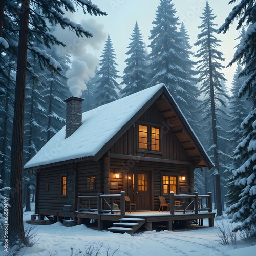 Charming Wooden Cabin in Snowy Pine Forest with Cozy Winter Ambiance