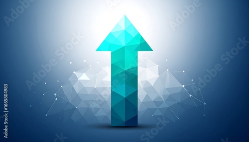A teal, polygonal upward arrow stands out against a background of interconnected geometric shapes and soft gradients, signifying progress and growth.