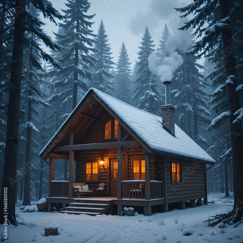 Charming Wooden Cabin in Snowy Pine Forest with Cozy Winter Ambiance