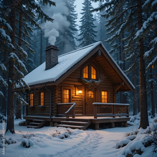 Charming Wooden Cabin in Snowy Pine Forest with Cozy Winter Ambiance