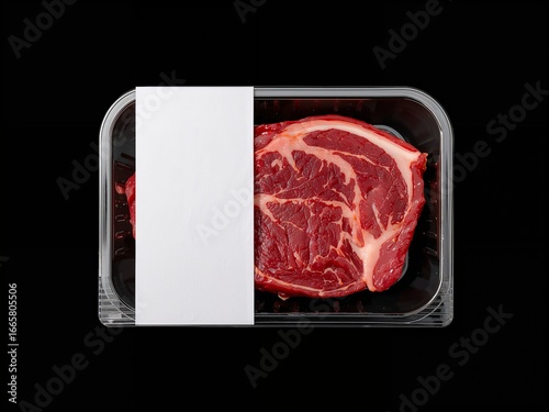 A raw ribeye steak in a black plastic tray with a blank white paper label. A high-quality food packaging mockup on a black background.