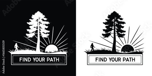 Find your path a silhouette of a person standing under a tall pine tree with the sun rising behind, symbolizing hope and personal discovery