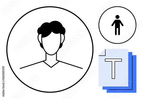 Minimalistic head-and-shoulders profile image, human figure icon, and document stack. Ideal for profiles, identity, user management, account setup, organization, documents simple landing page