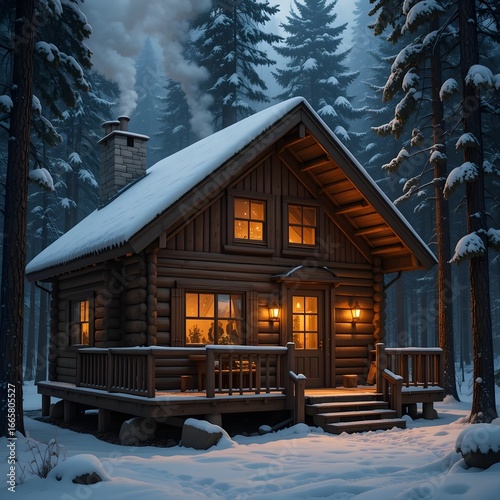 Charming Wooden Cabin in Snowy Pine Forest with Cozy Winter Ambiance