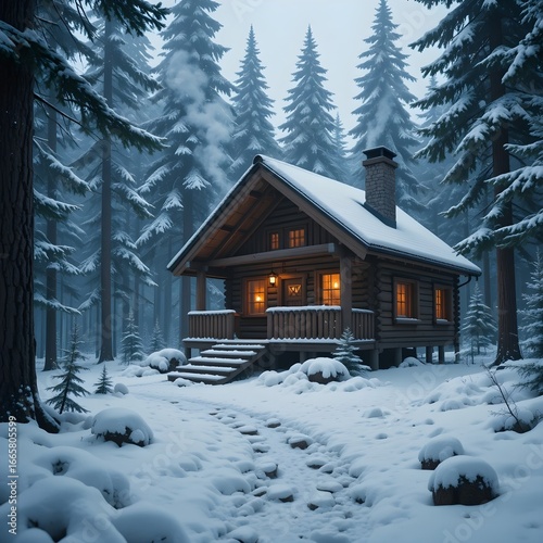 Charming Wooden Cabin in Snowy Pine Forest with Cozy Winter Ambiance
