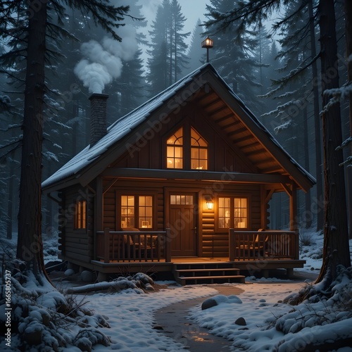 Charming Wooden Cabin in Snowy Pine Forest with Cozy Winter Ambiance