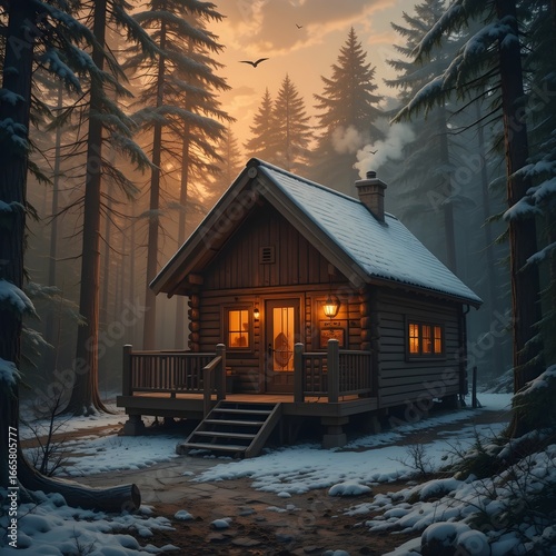 Charming Wooden Cabin in Snowy Pine Forest with Cozy Winter Ambiance