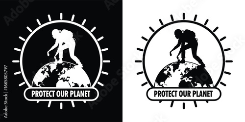 Silhouette of a person standing on top of the earth with the words protect our planet below, symbolizing environmental conservation and global responsibility