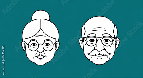Cartoon Grandparents: Elderly Couple with Glasses and White Hair