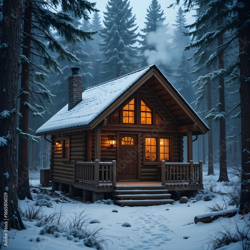 Charming Wooden Cabin in Snowy Pine Forest with Cozy Winter Ambiance