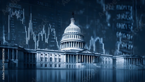 Dependence stock market trading graphic of the US Capitol building with digital charts and graphs in blue background