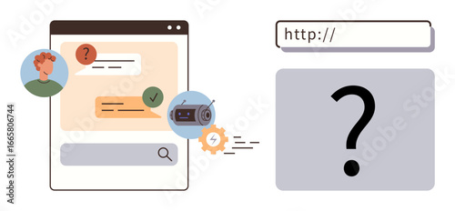Search bar, user chat window with queries, chatbot automation, gear, and question mark. Ideal for search engines, automation, AI integration, problem-solving digital tools online inquiry simple