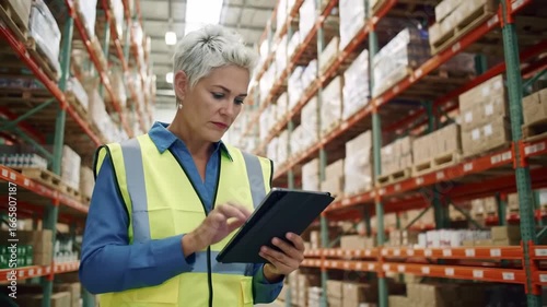 Warehouse Worker Using Tablet in a Modern Storage Facility