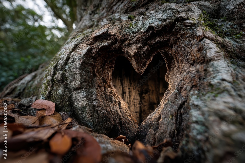 Fototapeta premium Heart shaped hollow in a tree trunk with fallen leaves at the base in a scenic forest