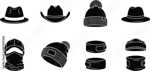 Collection of various headwear styles, including hats, beanies, balaclavas, and scarves for different occasions