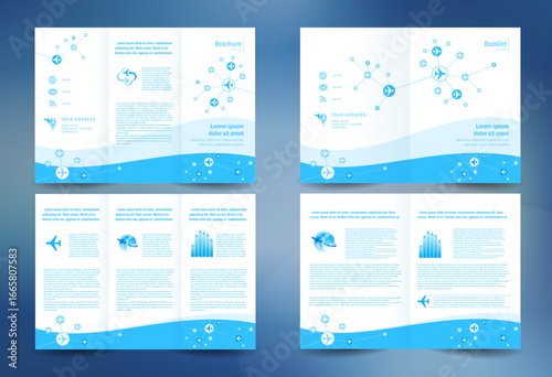 Brochure and trifold design template airplate takeoff transtortation blue color