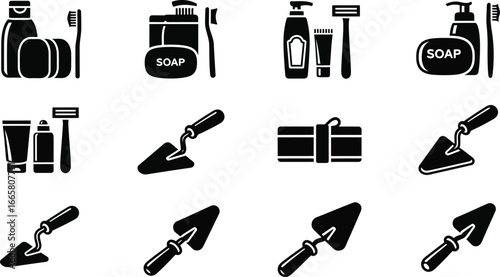 Collection of hygiene products and construction trowels for personal care and building projects