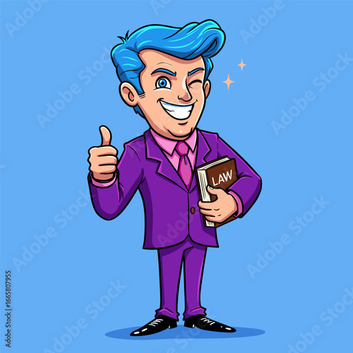 Confident blue-haired man in purple suit winks and gives a thumbs-up while holding a “LAW” book, with sparkles highlighting his cheerful vibe.