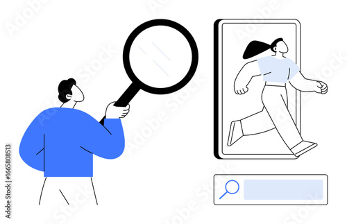 Man holding magnifying glass inspects woman walking on mobile screen, search bar below. Ideal for recruitment, analysis, discovery, research, online exploration, UX design, simple landing page