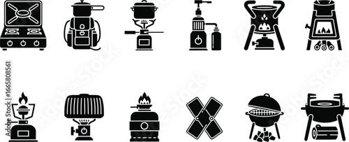 Set of camping stove icons featuring portable cooker, gas burner, and outdoor cooking equipment for travel and adventure