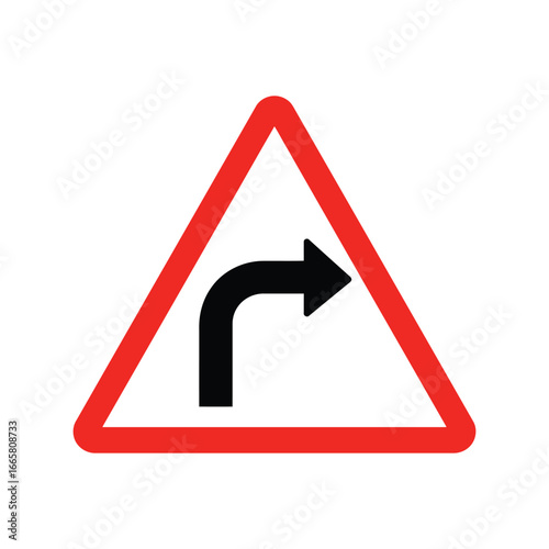 Red triangle warning sign with black right turn arrow road safety symbol traffic instruction icon